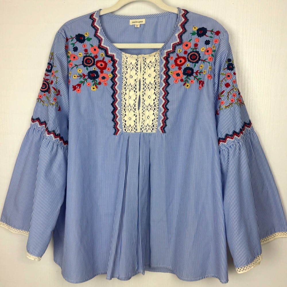 Jennifer Grace Women Striped Embroidered Long Bell Sleeve Blouse Top Size XL - Picture 6 of 15